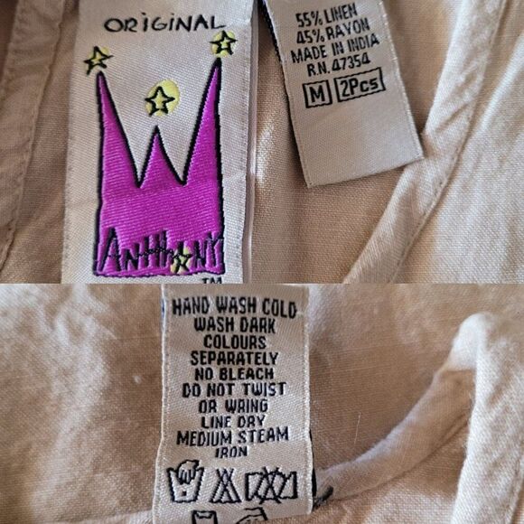 Vintage 2pc Linen Pants Outfit M Elastic High Rise Wide Pockets Lace Trim Tank - Picture 2 of 16